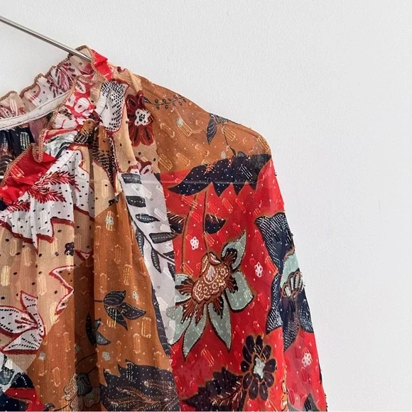 Johnny Was Claire Floral-print Tiered Chiffon Blouse Silk Blend